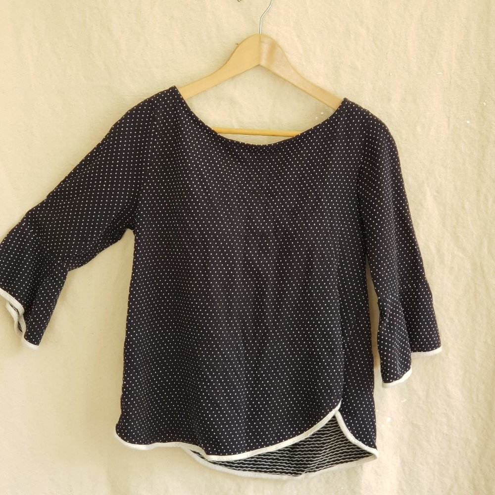 Green Envelope Dark Blue Knit Blouse with White Polka Dots and Bell Sleeves